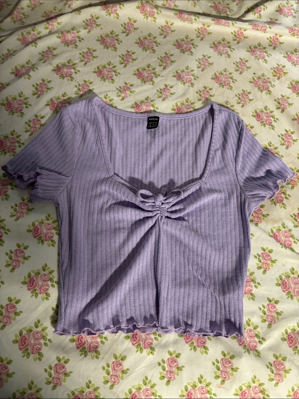 SHEIN Lavender Lilac Purple Ribbed Tie Knot Front Ruched Sweetheart Crop Top🪻